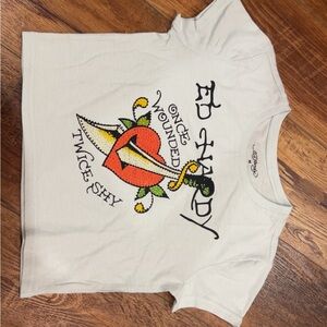 Ed Hardy White Tee with Orange Heart & Dagger Graphic